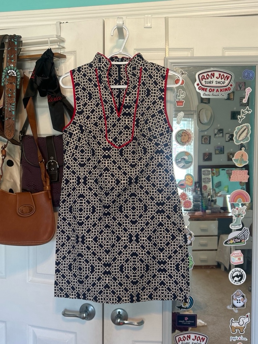 Eliza J Navy & White Geometric Sleeveless Midi Dress with Pink Piping